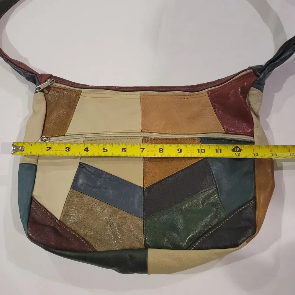 Vintage Boho Patchwork Genuine Leather Crossbody Shoulder Bag Made in Mexico